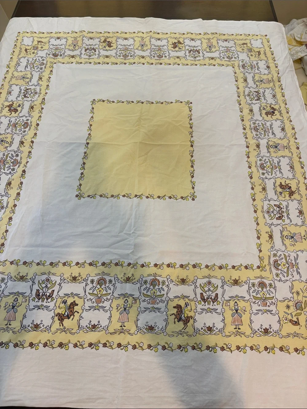 Vintage Yellow and White Printed Tablecloth - Decorative Home Dining Linen